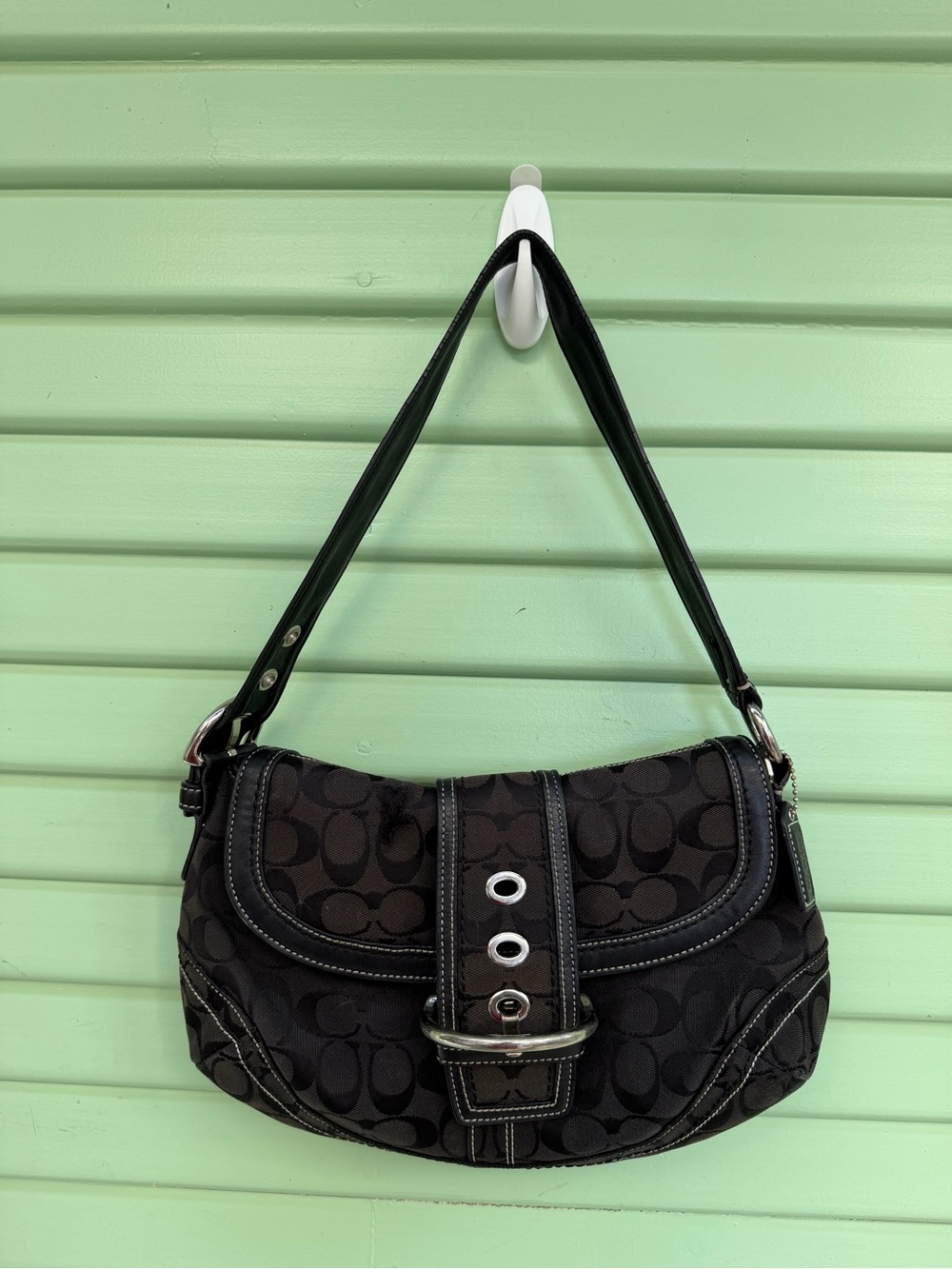 Coach Black Signature Canvas Shoulder Bag with Buckle Detail